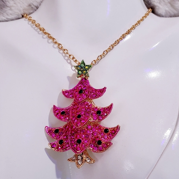 Gold-plated pink and green crystal Christmas tree necklace/broach - Picture 6 of 11
